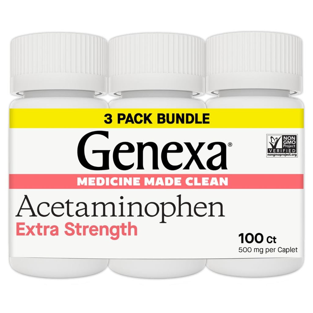 Genexa Clean Acetaminophen 500 mg Extra Strength, Dye Free Pain Reliever Fever Reducer, 0% Keinotekoiset lisäaineet, kipulääkkeet aikuisille, lievittää päänsärkyä, selkäkipua, Vähäinen nivelkipu, 300 tablettia