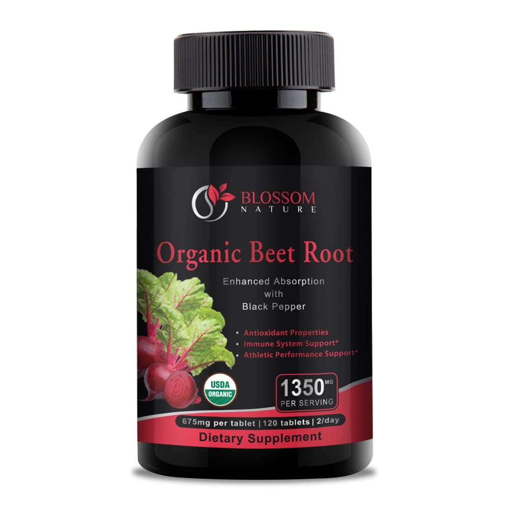 Organic Beet Root Powder 1350mg med Black Pepper-Nitric Oxide Booster, Digestive System, Athletic Performance-120 Tablets, 675mg Organic Beet Powder per tablett