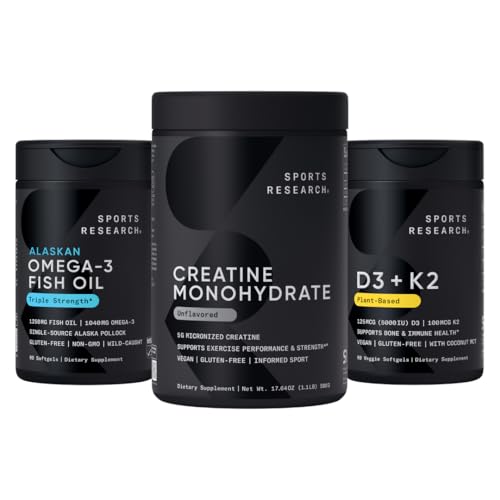 Urheilu Tutkimus Triple Strength Omega 3 Kalaöljy - Burpless Fish Oil täydennysosa w/EPA & DHA Rasvahapot, Creatiini Monohydraatti & kasvipohjainen D3 K2-vitamiini kookosöljy
