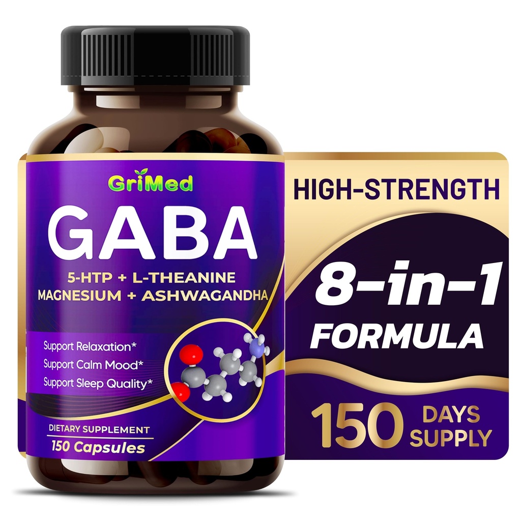 GriMed GABA 16,280mg - X15 Power 5-HTP, L-Theanine, Magnesium, Ashwagandha - Rentoudu & Palauta, tuki uni hyvin - Valmistettu Yhdysvalloissa (150 Count (Pakkaus 1))