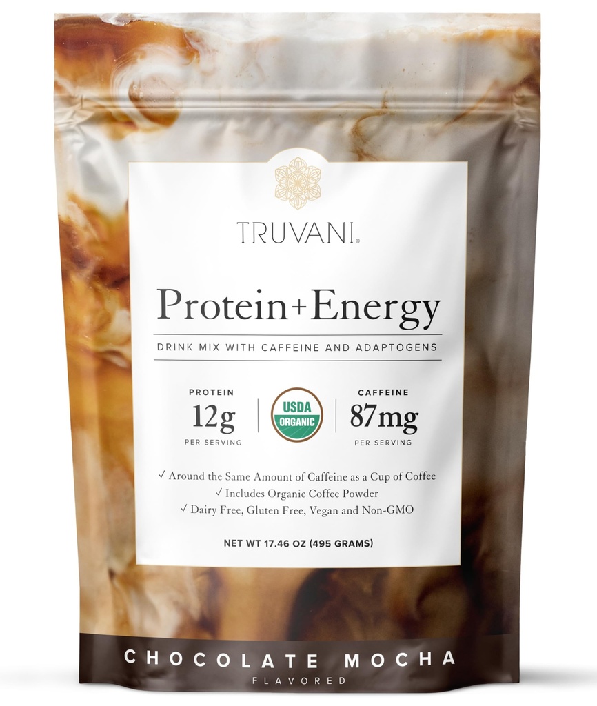 Truvani Protein + Energidryck Mix med 87mg koffein | Chocolate Mocha | 12g Organisk växtbaserad protein | 20 portioner | USDA Organic Coffee Powder & Adaptogens | Gluten & Dairy Free | Vegan