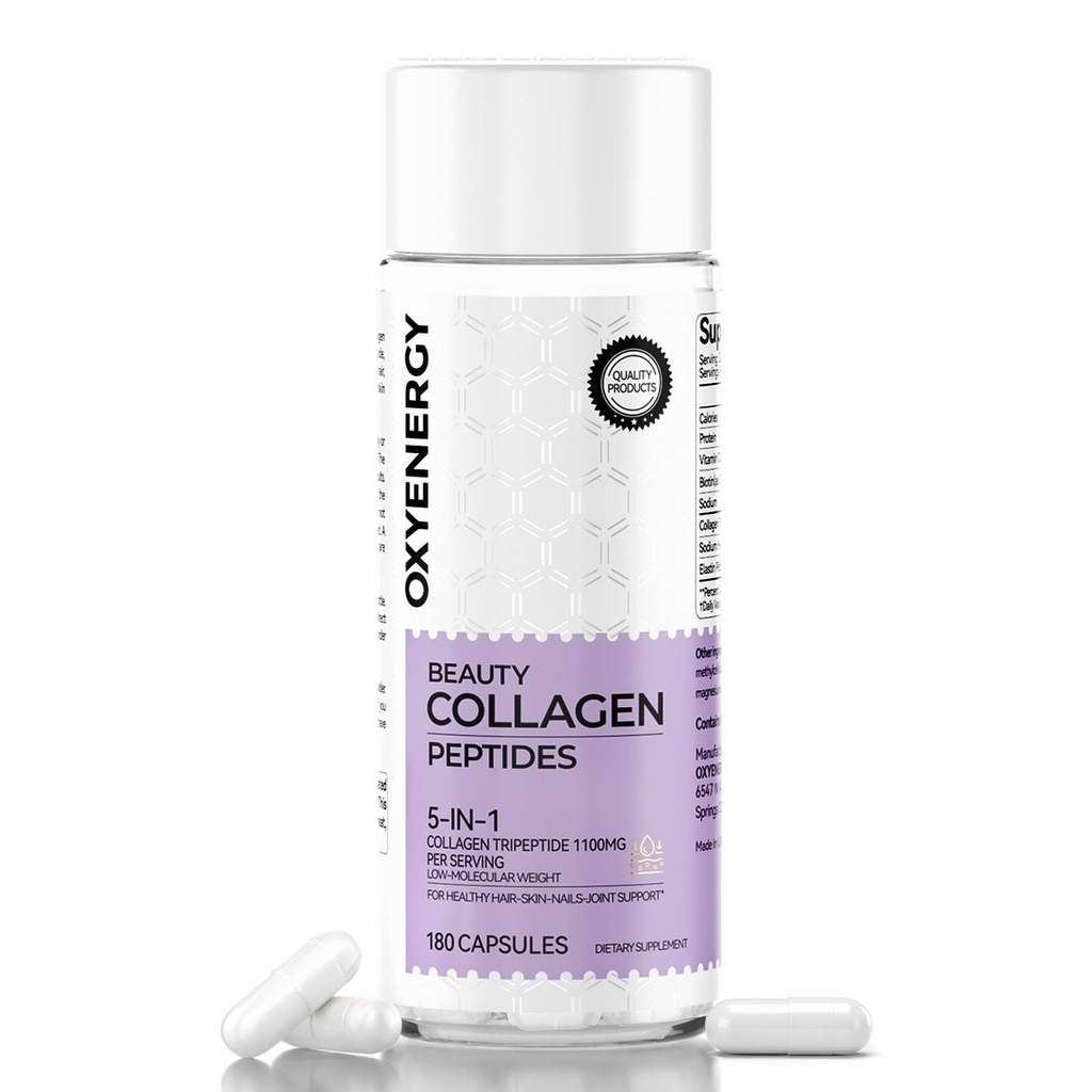 OxyEnergy Collagen Peptides kapselit naisille, 1100 mg Hydrolysed Collagen Tripeptides(tyypit I) lisäravinteet Biotiini ja C-vitamiini, 180 Collagen pillereitä edistää hiukset, kynsi, iho, 2 kuukautta