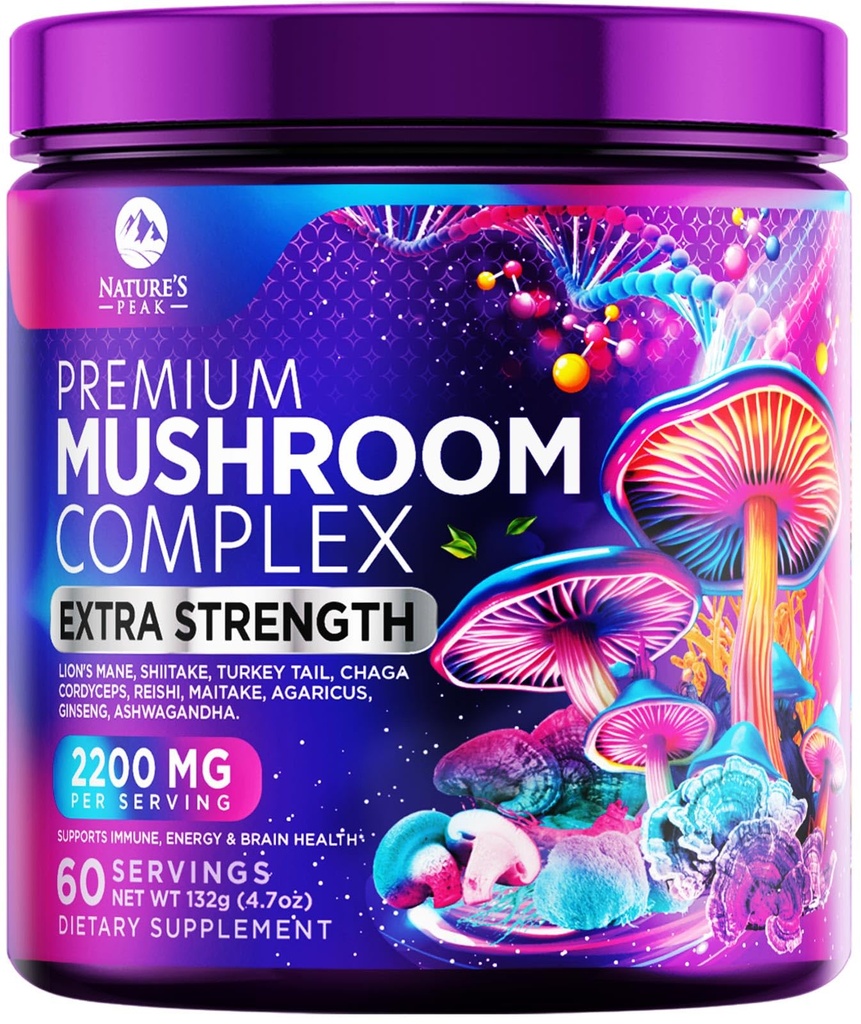 Sieni Supplement Powder 2200mg - 11 in 1 Complex Formula Powder with Organic Lions Mane, Reishi, Cordyceps, Chaga, Turkey Tail Mushroom Extract Supplement for Memory & Brain Support - 60 Servings
