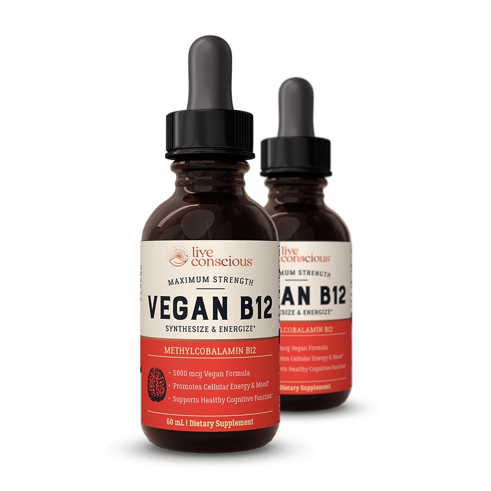 Live tietoinen Vegaani B12 sublingual Liquid Drops Metyylikobalamiini Max vahvuus B12 5000 mcg Formula - Vegaani B 12 vitamiini tuki energia, edistää muistia ja apua Immuniteettijärjestelmä (2 pakkaus)
