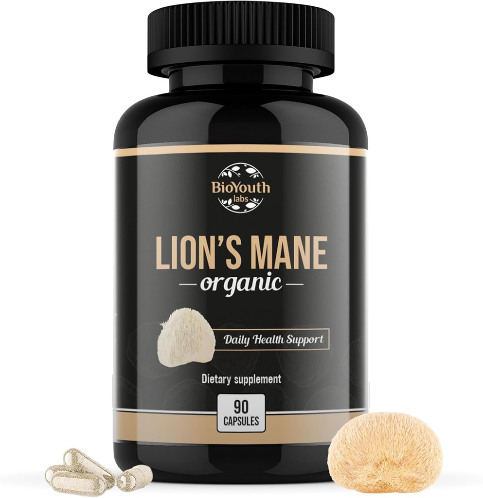Organiska Lions Mane Brain Support Dietary Supplement Premium Lions Mane Mushroom Extract - 90 kapslar