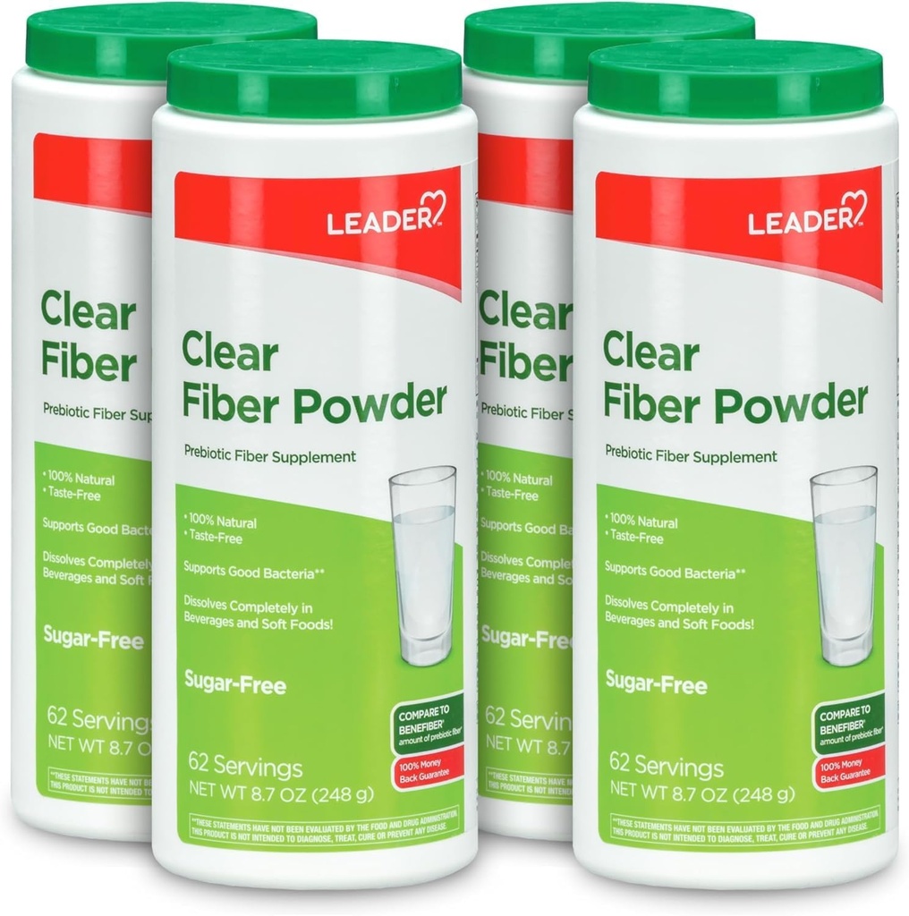 Leader Prebiotic Fiber Supplement Powder for Dgestive Health, 100% Natural Daily Fiber Powder, Sugar-free, Maku-vapaa, Gluteeniton, Ei-GMO, makuamaton, 62 tarjoilua (8.7 OZ) (Pack of 4)