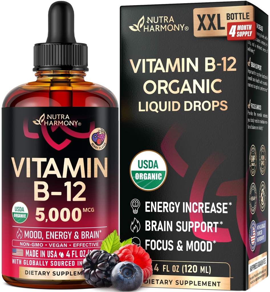USDA Organic B12 Sublingual Drops - 5000 mikrog Liquid Vegan Methylcobalamin naisille ja miehille - energia Boost, Focus & Mood, Aivojen terveys tuki - Maksimoida Imeytyminen - 4 kuukauden tarjonta, 4 fl oz
