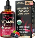 USDA Organic B12 Sublingual Drops - 5000 mikrog Liquid Vegan Methylcobalamin naisille ja miehille - energia Boost, Focus & Mood, Aivojen terveys tuki - Maksimoida Imeytyminen - 4 kuukauden tarjonta, 4 fl oz