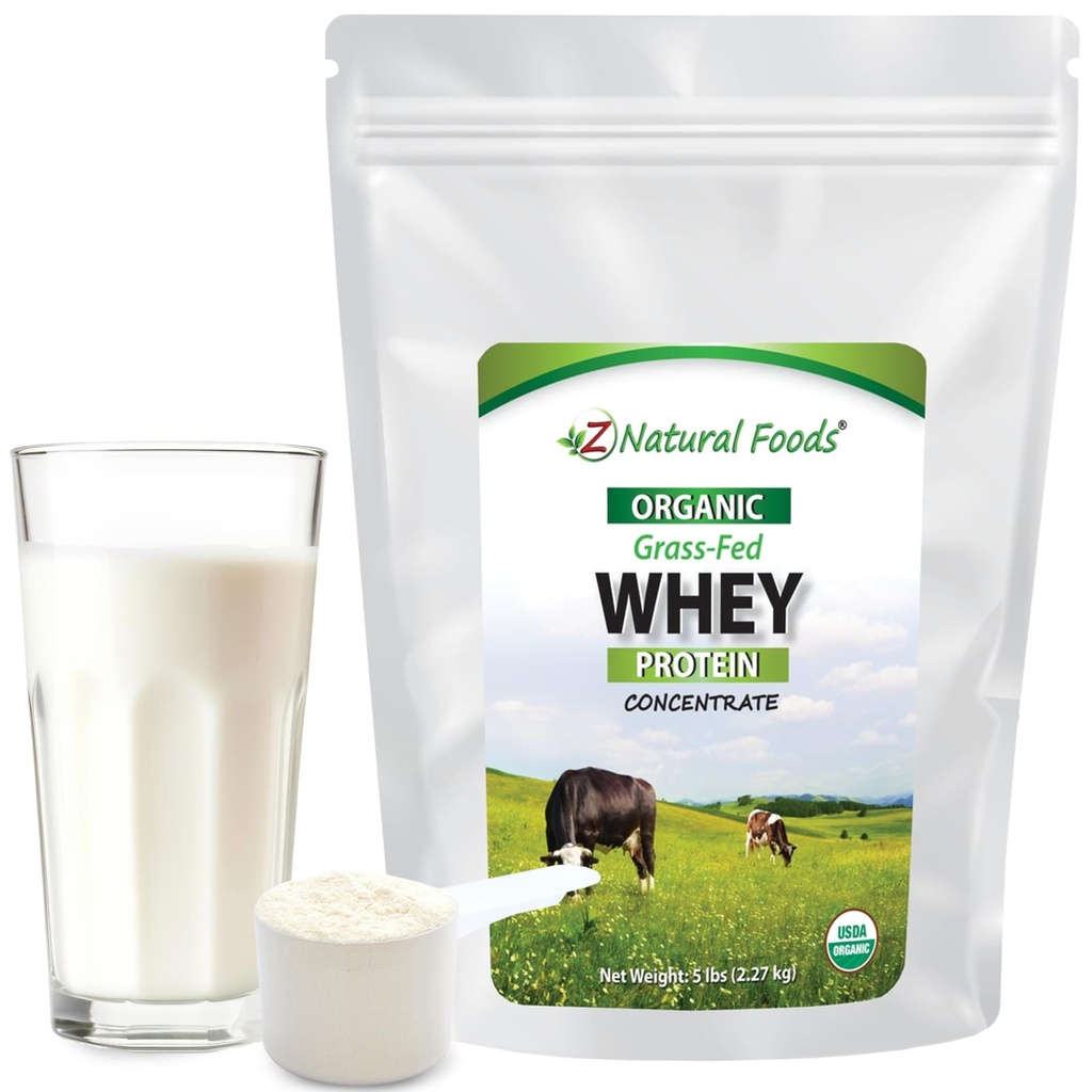 Z Natural Foods Organic Whey Protein Concentrate - Nutrient-Dense Grass Fed Whey Protein Powder - Cold Processed Pure Whey Protein with Essential amino Acids for Nutrition & Fitness, Unmauled, 5 kg