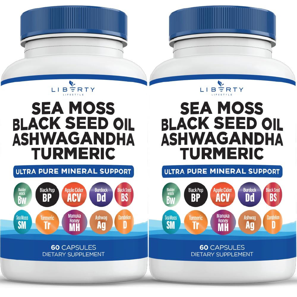 Sea Moss Black Seed Oil Ashwagandha Turmeric Bladderwrack Burdock - med Manuka, Honey Dandelion, ACV Black Pepper Gluten Free - 2-Pack