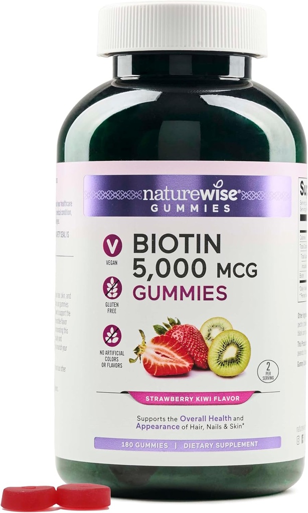 NatureWise Biotin Gummies - Tukee Terveet hiukset, iho ja vahvat kynnet - B7-vitamiini 5000 mcg - Natural Beauty - Mansikka-Kiwi Flavor - Vegan, ei-GMO, Gluteeniton - 180 Count[90 päivän tarjonta]