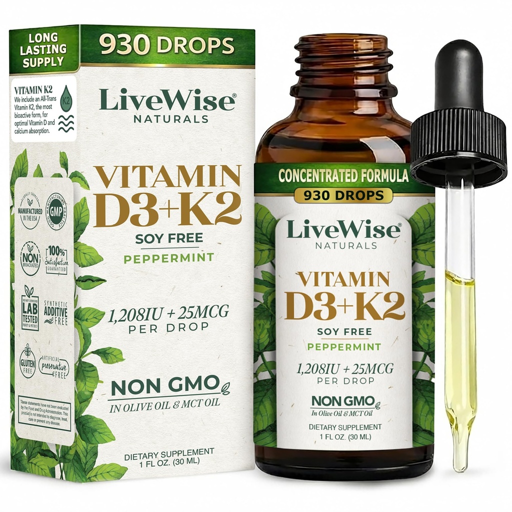 LiveWise Naturals D3-vitamiini K2-nestetippa, kaikki luonnolliset, ei-muuntogeeniset, USA Made, 1208 IU D3-vitamiini & 25 mikrog K2, tukee luun terveys- ja energiatasoja, sisältää piparminttua, oliivia ja MCT-öljyä