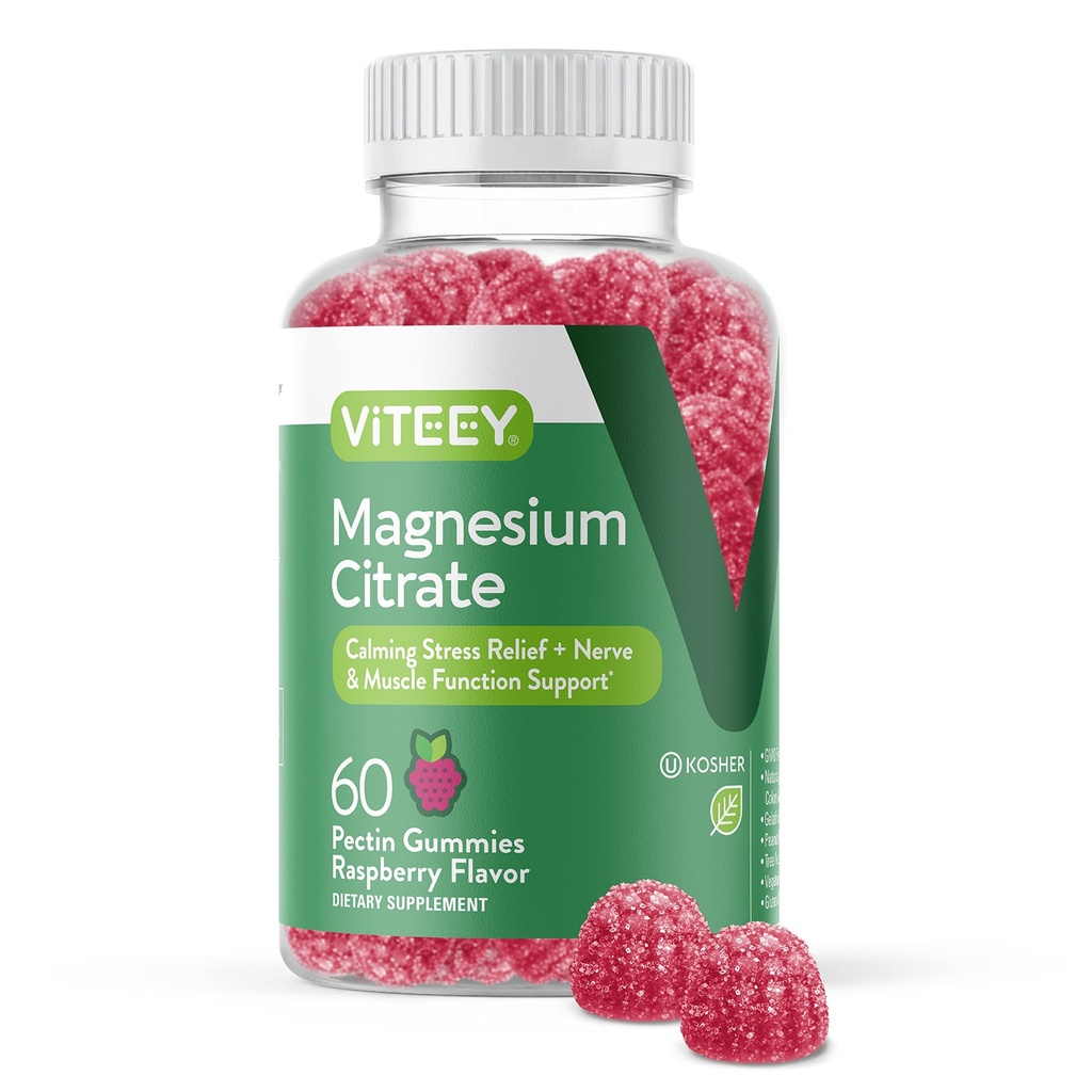 VITEEY Magnesium Gummies aikuisille - 66 mg magnesiumsitraatin Gummy rauhoittaa, nukkua, hermo ja lihasten toiminta tuki - kasvissyöjä, Gluteeniton - 60