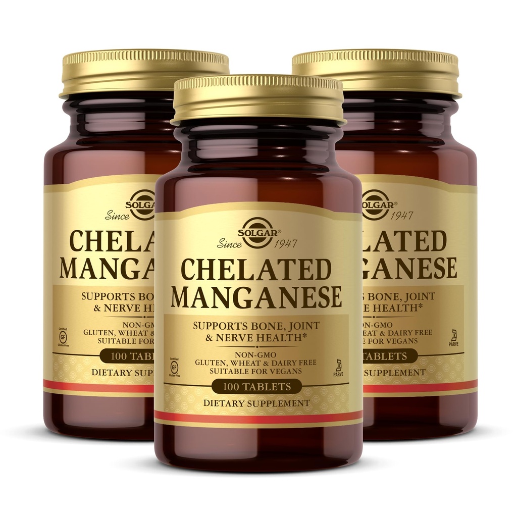 Solgar Chelated Manganium - 100 tablettia, 2 tabletin pakkaus - Tukee luuta, nivelten ja hermojen terveyttä - ei-muuntogeenisiä organismeja, vegaaneja, gluteeniton, maitotuotteeton, Kosher - 200 tarjoilua