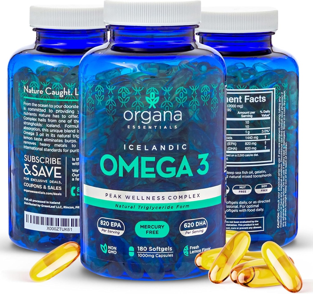 Omega 3 Fish Oil 2000 mg - Korkea EPA 820 mg + DHA 620 mg - 180 Triple Strength Burpless Lemon Flavored Softgels