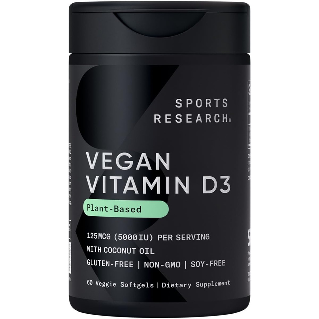 Sportforskning Vegan Vitamin D3 5000IU (125 mcg) med kokosolja | 100% Plant-Based Vitamin D för ben, Joint & Immune Support | Carrageenan Free, Vegan Certified & Non-GMO Verified (60 Softgels)