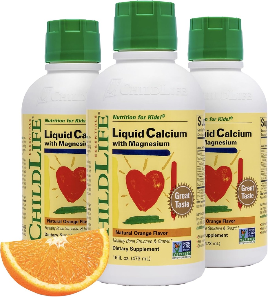 ChildLife Essentials Liquid Calcium Supplement for Kids - Vauva Kalsium magnesium, sinkki, ja D3-vitamiini - Orange Flavor, 16 fl oz (3 pakkaus)