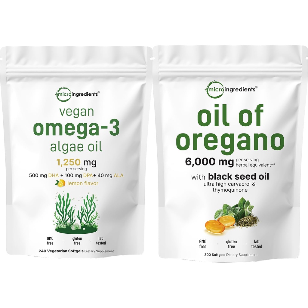 Micro Ingredients Oil of Oregano Softgels 300 Count & Vegan Omega 3 Algae Oil Supplement Bundle 2 Pack Carvacrol & Thymokinone