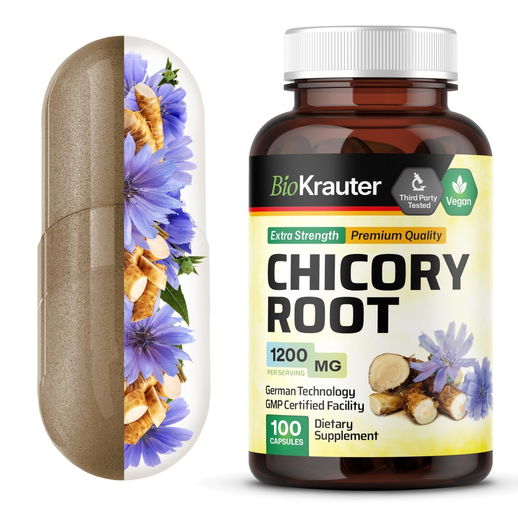 BIO KRAUTER Chicory Fiber Supplement - 1200 mg Styrka - 100 greve - Chicory Root Powder - Inulin kapslar för Digestive Support - Vegan