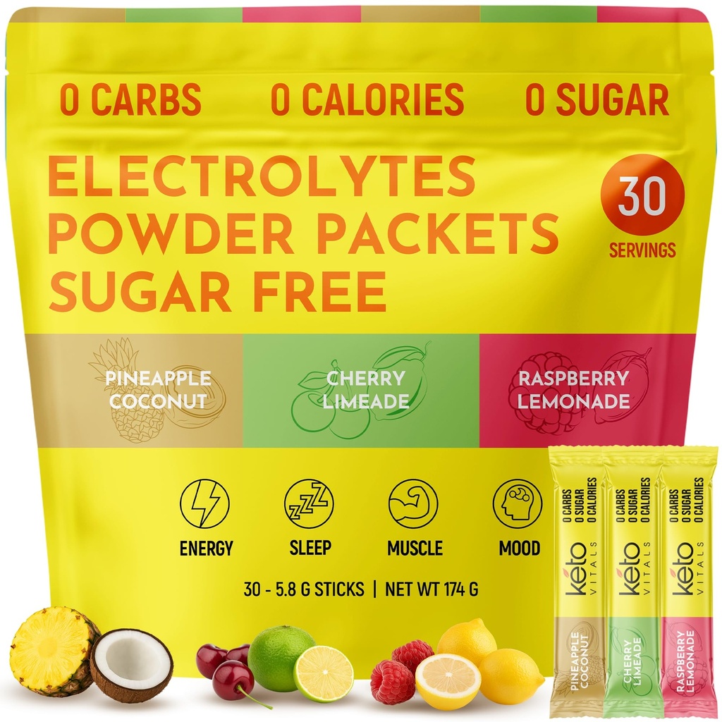 Keto Vitals Tropical Keto Electrolytes Powder No Sugar - Electrolytes med kalium, magnesium, natrium och kalcium - Sugar Free Electrolyte Powder Packets Drink Mix & Hydration Powder, 30 portioner