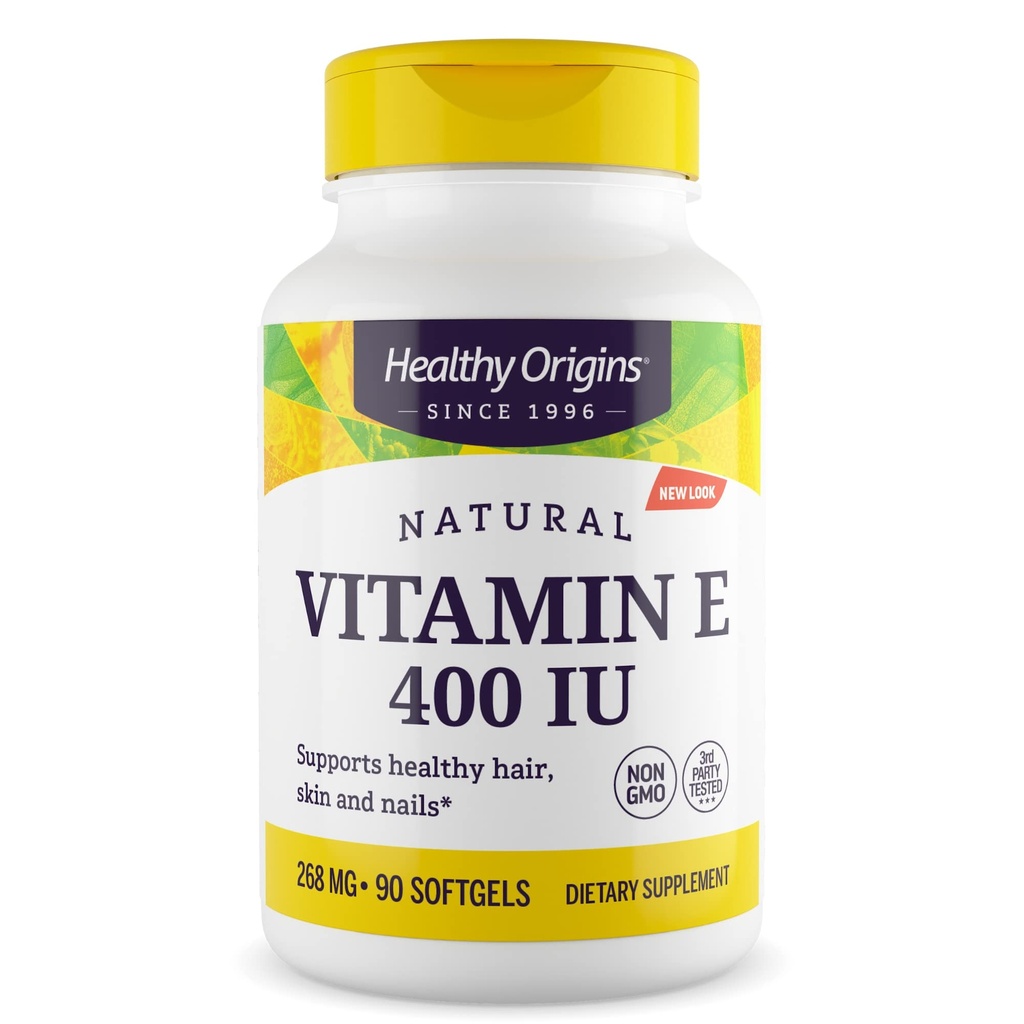 Terve alkuperä E-vitamiini 400 IU (luonnollinen, ei-muuntogeeninen, gluteeniton, ihon tuki, kardiovaskulaarinen tuki), 90 Softgels