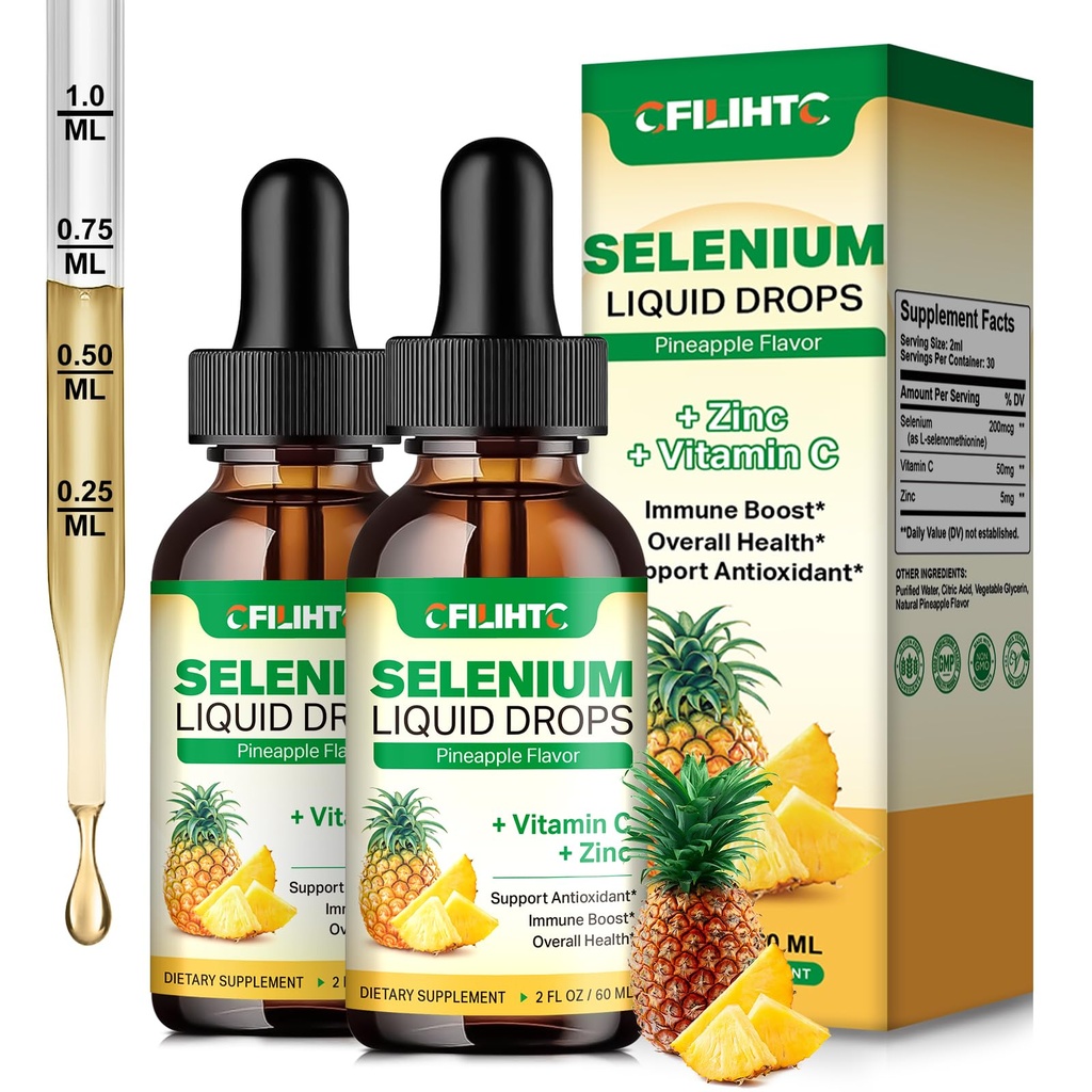 2 pakkaus Selenium nestepisaroita, 200 mcg nestemäistä seleeniä lisäaineena C-vitamiinia ja sinkkiä, tuki immuunijärjestelmälle, antioksidantti ja sydänterveys, korkea imeytyminen, ananasmaahto