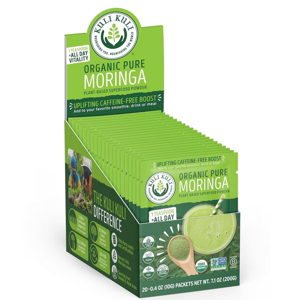 Kuli Kuli Moringa Oleifera Organic Leaf Powder & Green Smoothie, 100% Pure USDA Certified & non-GMO Moringa Powder, Great with Smoothies, Tea, and Food, 0,4 Ounce, Pakkaus 20 (KK PM)