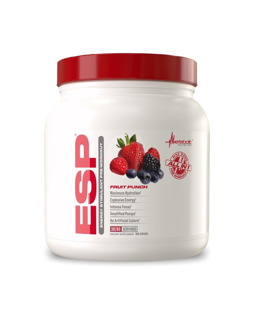 Metabolinen ravitsemus, ESP, energia ja kestävyys stimuloivat pre workout, pre intra workout, korkea energia ja mielenfocus, stimuloiva harjoitus täydentää, hedelmäpunch, 300 grammaa (90 palvelinta)