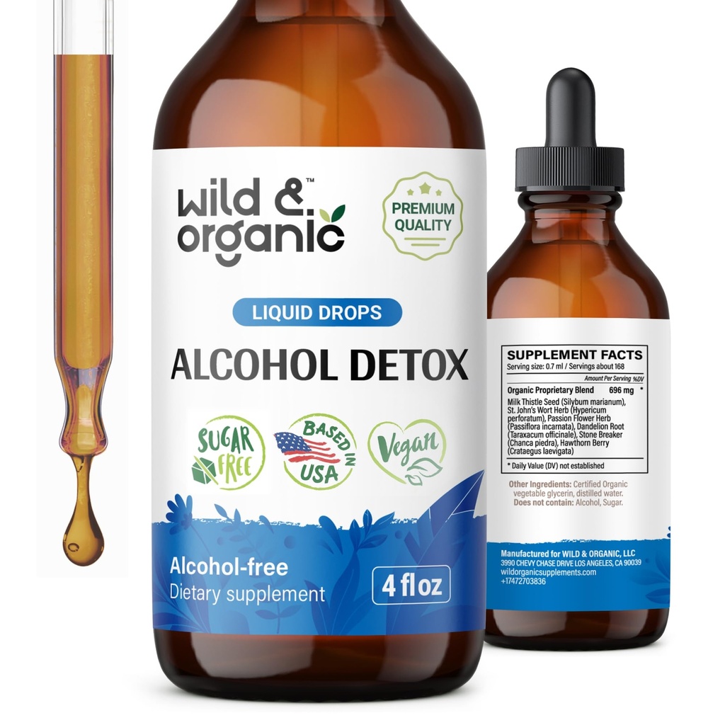 Wild & Organic Alcohol Detox Drops - Maksan ja munuaisten puhdistus maidon Thistle, Chanca Piedra Stone Breaker - Alkoholintorjunta Complex maksan Cleanse Detox - Vegan, Ei sokeria ja lisäaineita - 4 fl oz
