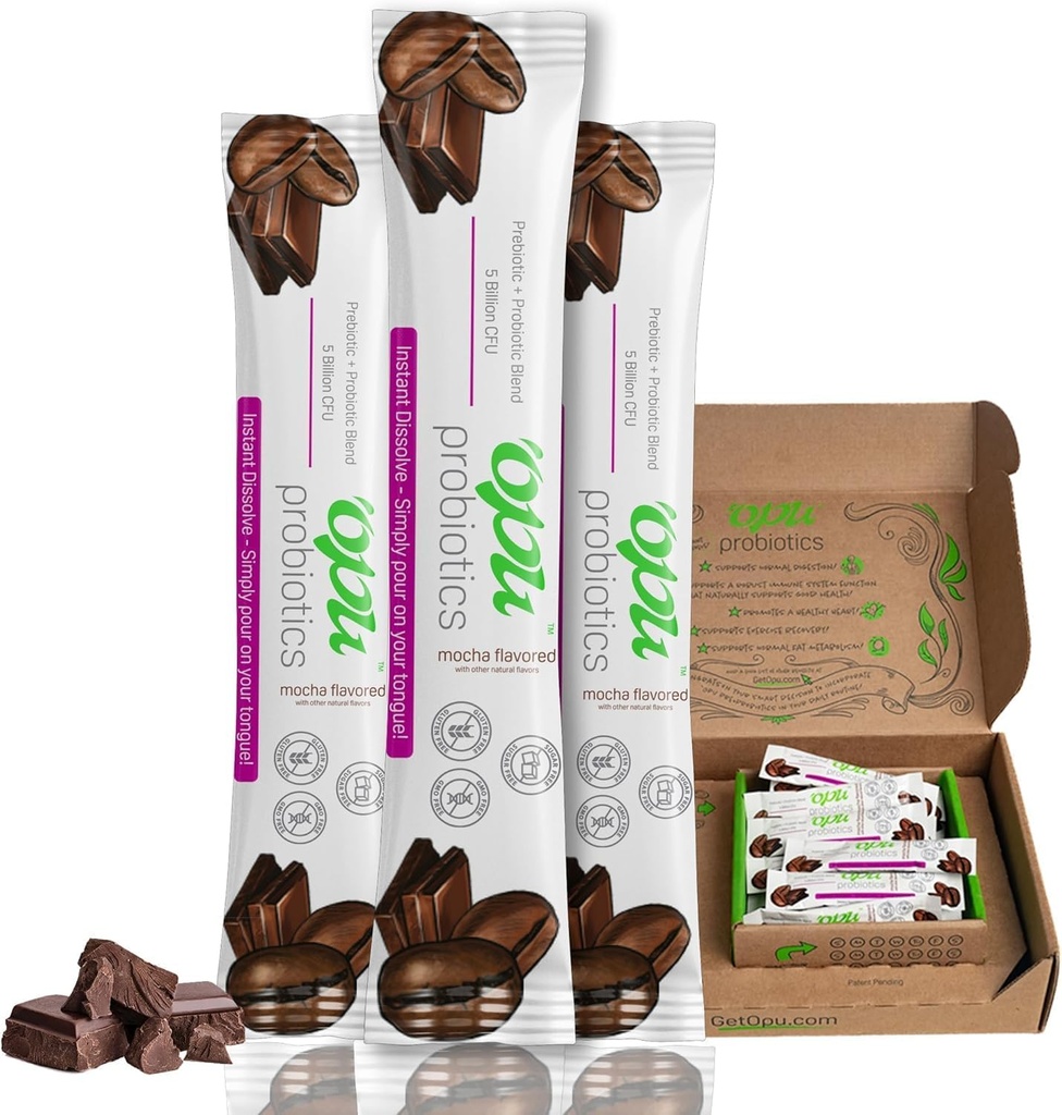 Opu Probiotics Mocha Instant-Dissolve - En månads leverans - 5 miljarder CFU - Män, kvinnor och barn w / Prebiotics Sugar Free, Gluten Free, Non GMO