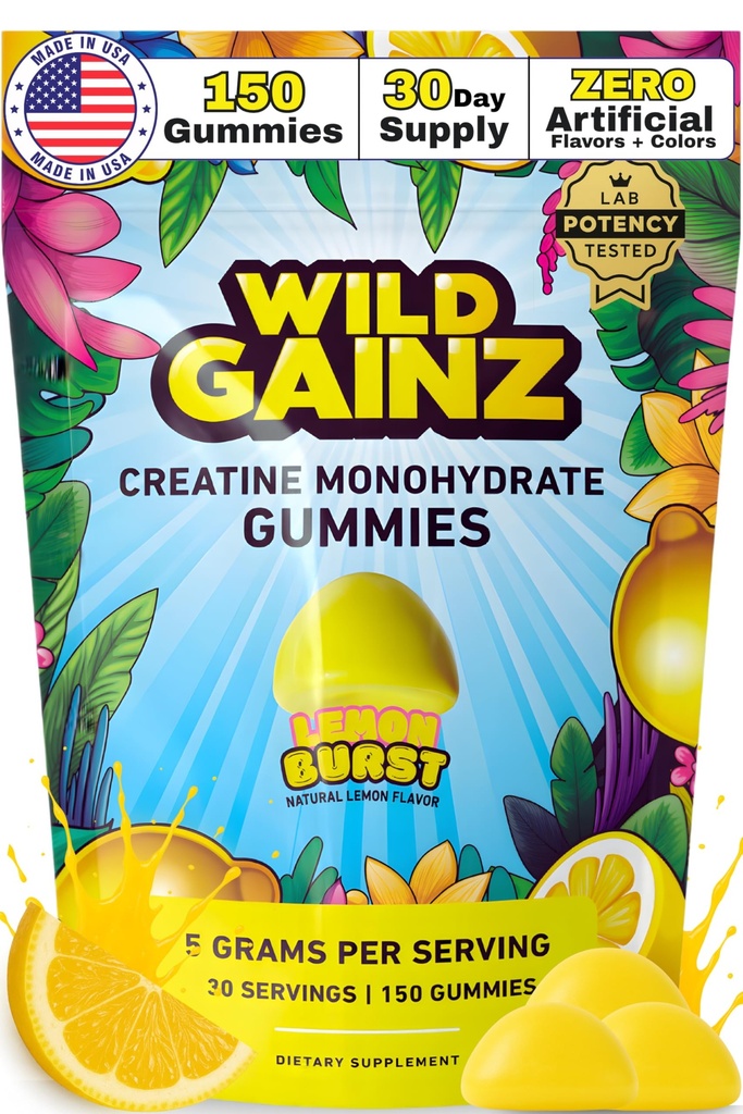 Creatiini Monohydraatti Gummies for Men & Women 5000mg - Valmistettu USA, Potency Tested, Vegan, tukee lihasten kasvua, vahvuus ja kognitiivinen toiminto, ei-GMO Gluteeniton sitruunan makuinen Creatiini 150 Chews