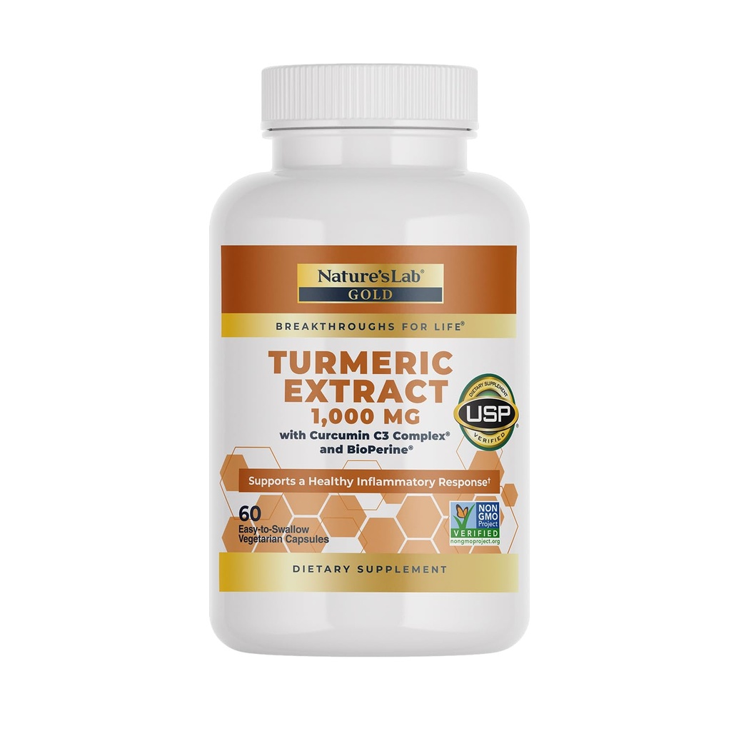 Nature's Lab Turmeric Extract Curcumin C3 & BioPerine 1000mg - Edistää kardiovaskulaarinen, digestio ja immuuniterveys - 60 kapselia (30 päivän tarjonta)