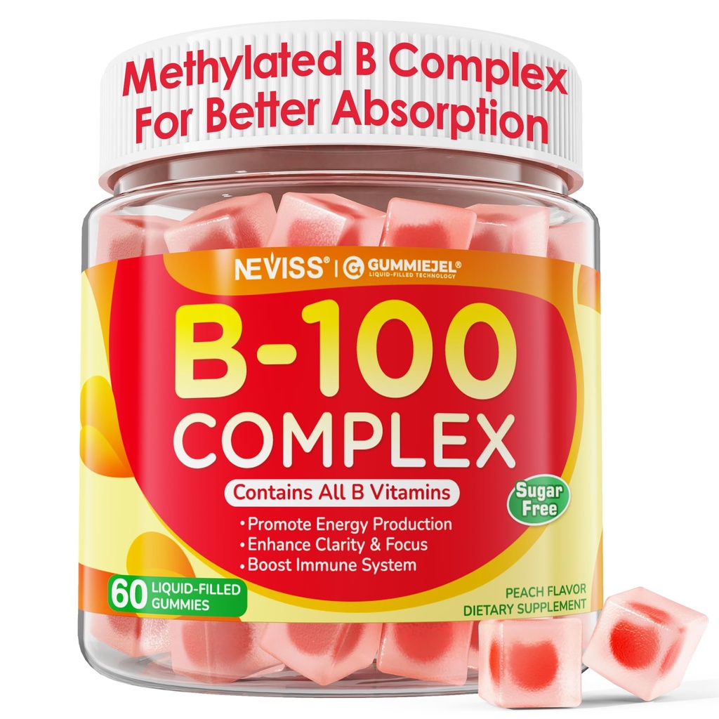 Supervitamiini B Complex Gummies - Kaikki B-vitamiinit, mukaan lukien metyyli B12, B1, B2, B3, B5, B6, biotiini, metyylifolaatti C-vitamiinin, koliinin, inositolin, PABA energian, aivojen ja immuunien tuki, sokeriton