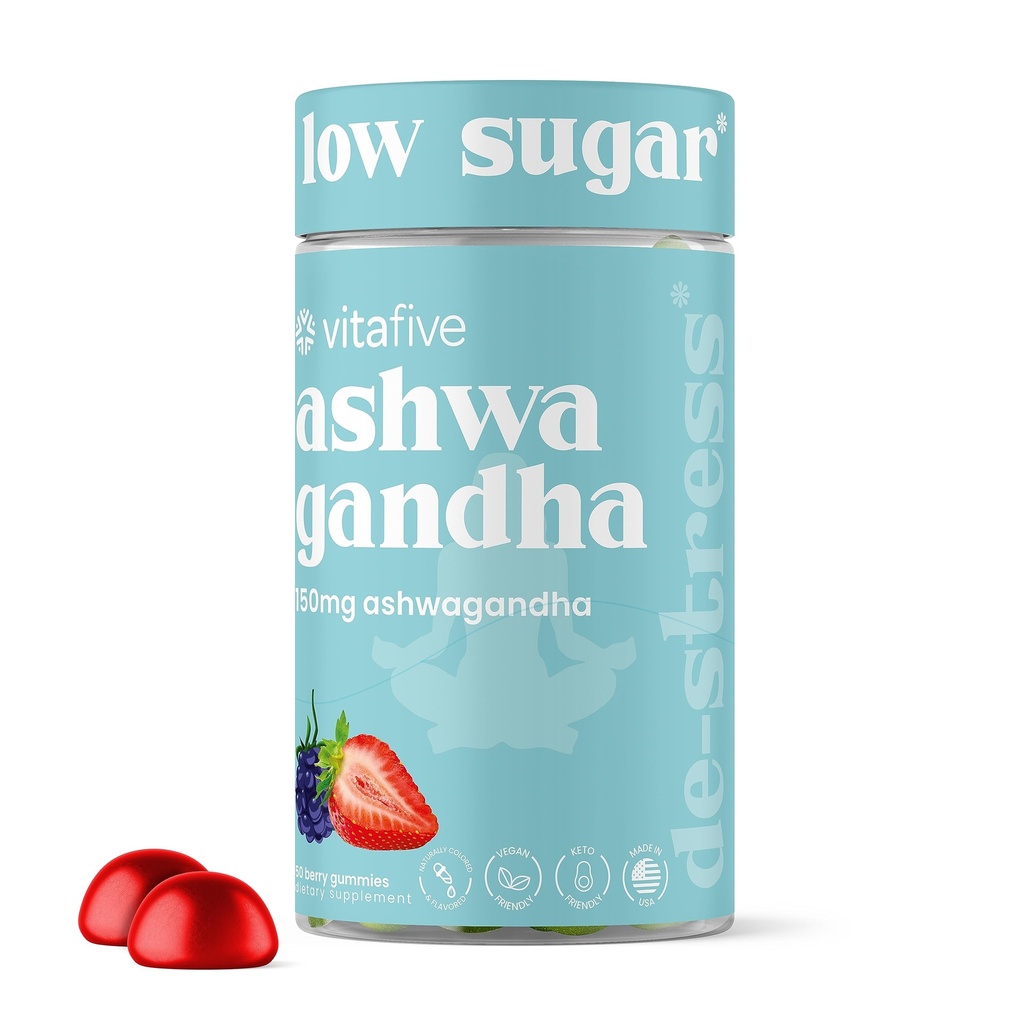 Vitafive Ashwagandha Gummies med vitamin B12, Ashwagandha Gummies för män och kvinnor, Vegan, Gluten Free (50 Ct)
