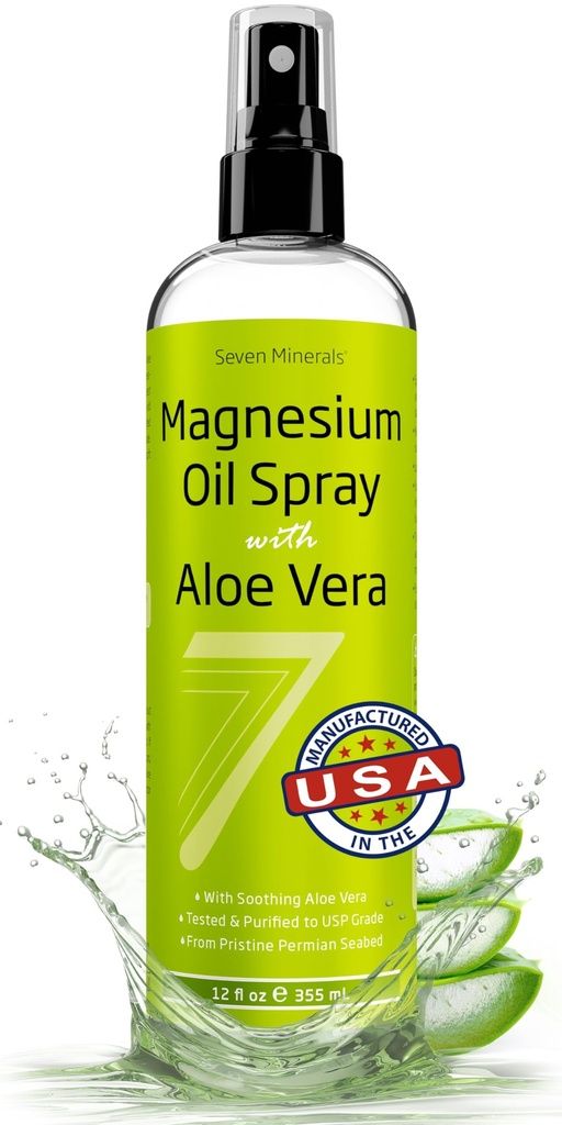 Seven Minerals Pure Magnesium Oil Spray med Aloe Vera 12oz - Pharmaceutical (USP) Grade, Högsta Styrka med omedelbar lättnad för fötter, sömn, muskelsmärta och kramper - Mined i USA
