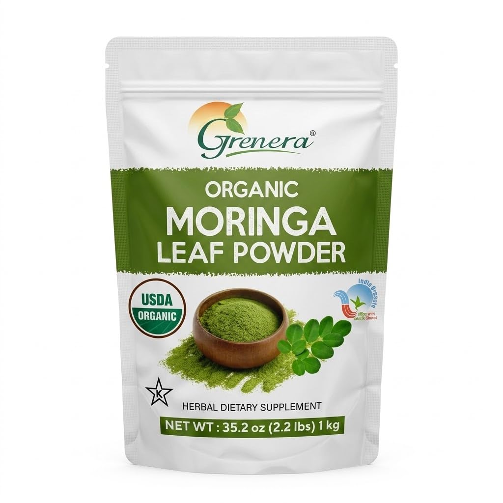 Grenera Organic Moringa Powder - 2.2 lbs (35.2 oz) | Moringa Oleifera Leaf Powder Lab Testad för Purity | Moringa Powder Organic Perfect för Smoothies, Drinks, Tea & Recept | 100% Raw från Indien