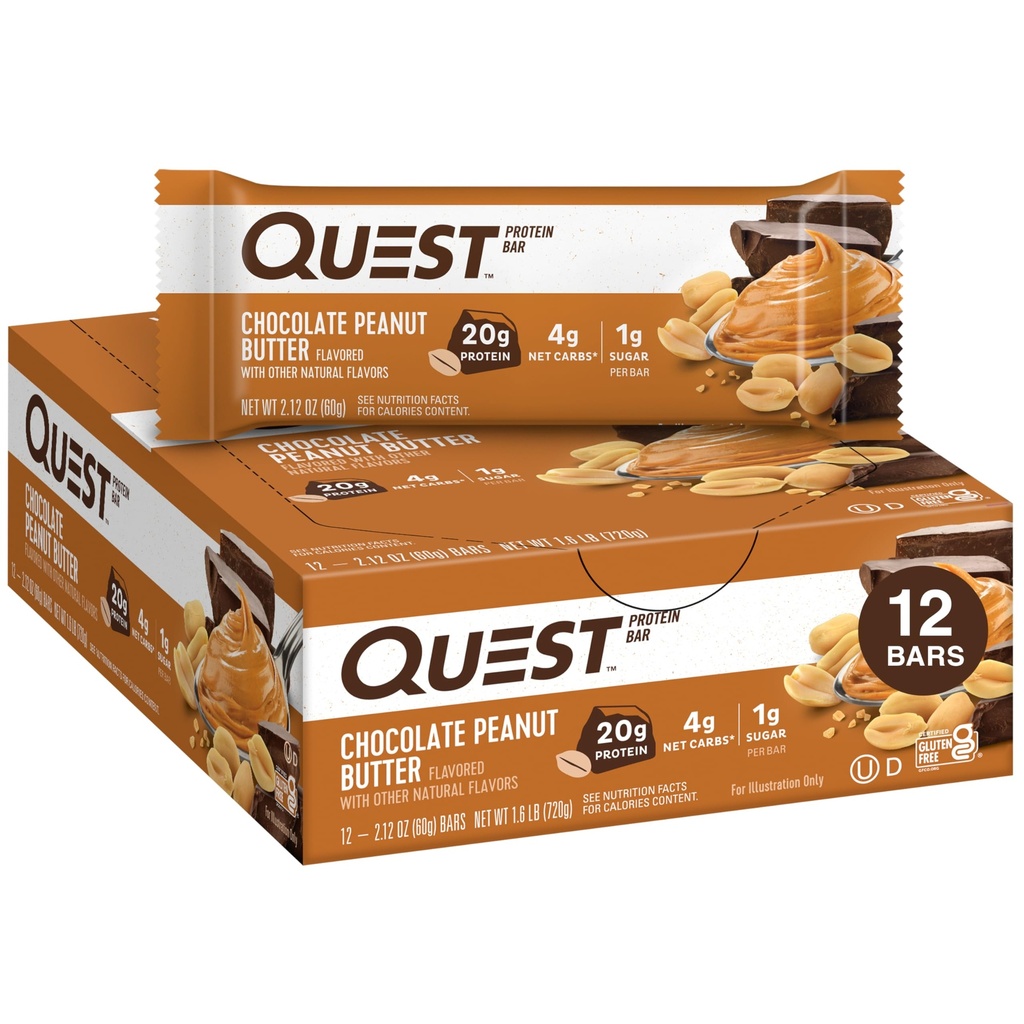 Quest Nutrition Chocolate Peanut Butter Bars, 20g proteiinia, 1g sokeria, 4g Net Carb, Gluteeniton, Keto Friendly, 12