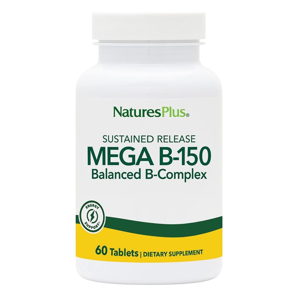 Natures Plus Mega B150 Complex, kestävä julkaisu - 60 kasvissyöjätablettia - Maksimiteho B Complex Vitamiini Supplement - Gluteeniton - 60 tarjoilua