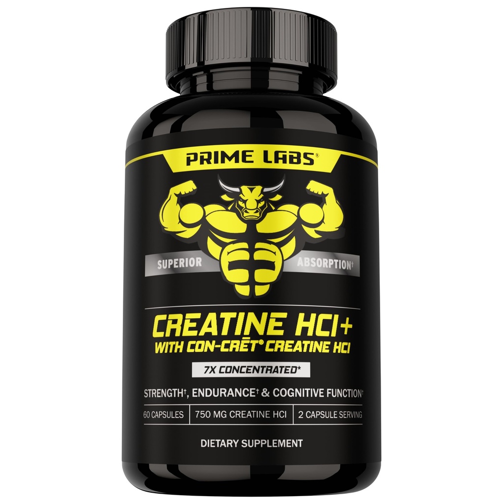 Prime Labs Creatine HCl Capsules - med CON-CRTIT®, Rhodiola Root Extract, & L-Theanine - Muscle Support, Endurance, kognitiv funktion - för män och kvinnor - 60 piller
