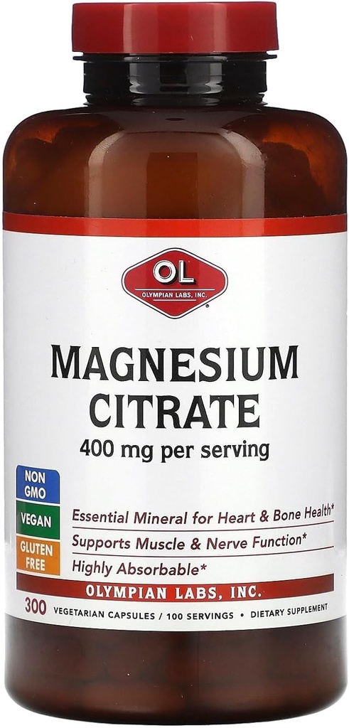 Olympian Labs Magnesiumsitraatti 400 mg - 300 kapselia - helppo imeytyä, tukea terveitä luut, terve sydän ja kalsiumin imeytyminen