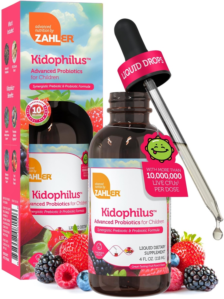 Zahler - Kidophilus Liquid Drops Probiootit lapsille (4 Fl Oz) Certified Kosher Kids Probiootti terveille Digestion & Immuuni Tuki - Hedelmät Punch Flavored Lasten Probiootti Drops täydentää