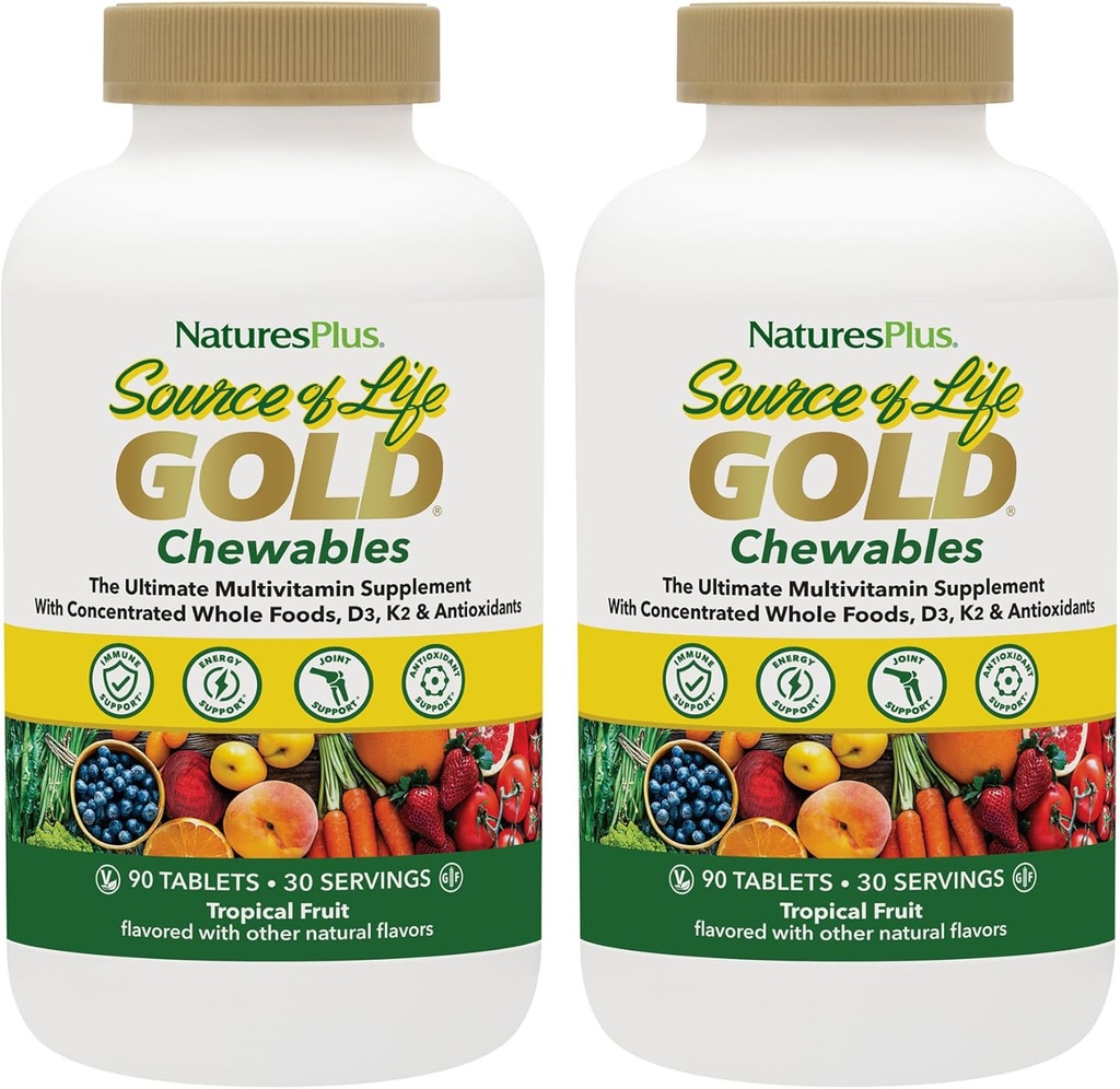 NaturesPlus Source of Life Gold Multivitamin - 90 Chewable Tablets, Pack of 2 - med vitamin D3, B12, K2 & More än 120 Whole Foods - Blood, Bone & Immune Support - Gluten Free - 60 Total Servings