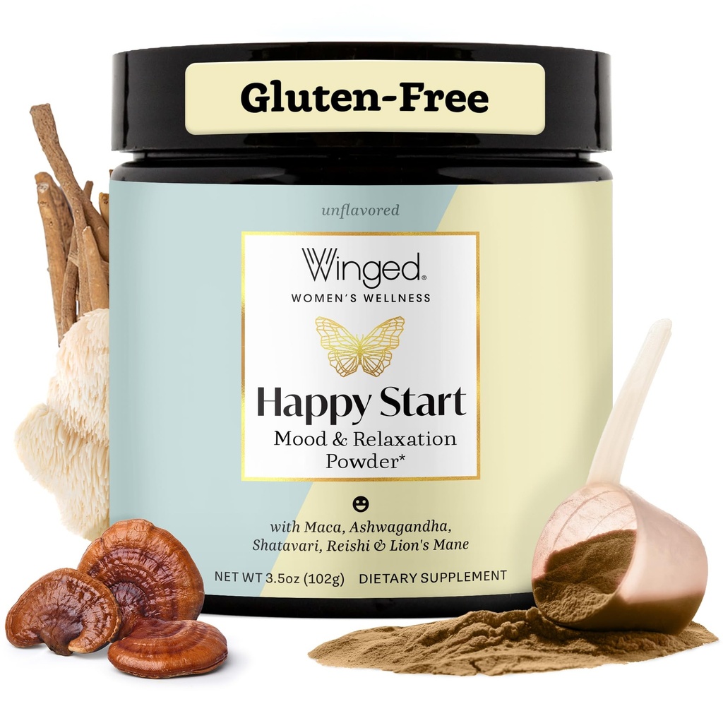Winged Wellness Happy Start, Mood Boosting Drink Mix Powder for Women - Happy Mind & Hormonal Health, Mielen tuki täydentää Red Maca, Ashwagandha, Sienet & Lisää - suklaa, 30 Tarjoilut