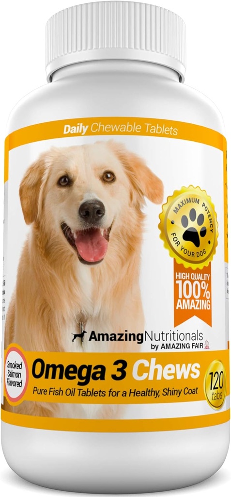 Fantastisk Omega 3 för hundar - Omega 3 fiskolja för hundar tillskott för Itchy Skin Relief för torr hud och heta fläckar och Shedding Coat med EPA och DHA fettsyror - 120 lax smak Chews