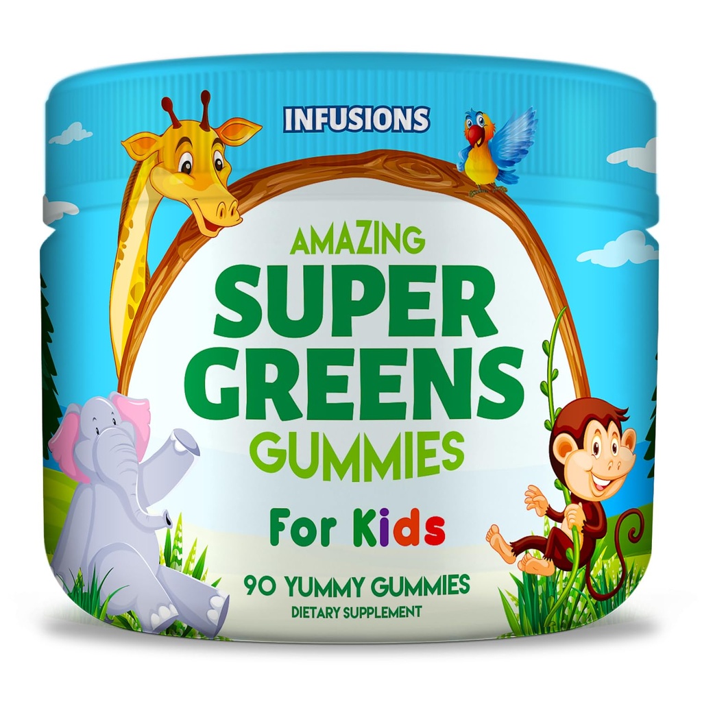 Infuusiot Super Green Gummies lapsille 90 Count Superfood Booster Soft and Delicious 8 Powerful Blends Vegan Friendly Gluteeniton & non-GMO
