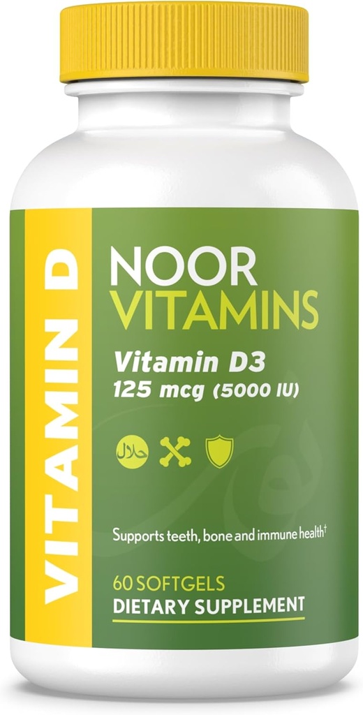 Noor vitamiineja Halal D-vitamiinia, Halal D3-vitamiinia, 5000 IU Softgels, tukee luun, Immuunin ja sydämen terveyttä, safloriöljystä maksimoida imeytymistä, ei-GMO, Gluteeniton & Halal (60...
