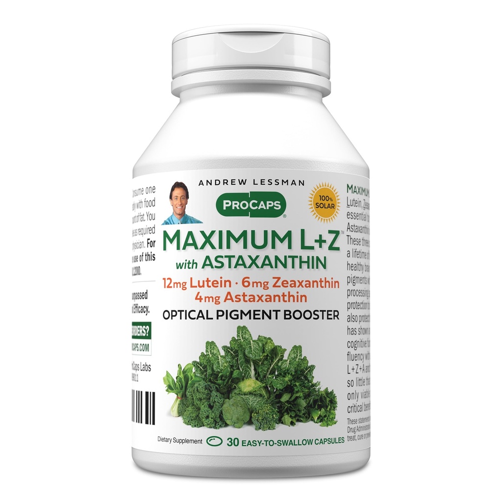 ANDREW LESSMAN Maximum L+Z with Astaksantiini 30 Softgels - 12 mg Lutein, 6 mg Zeaksantiini, 4 mg Astaksantiini. Avainravinteet silmien ja aivojen terveyden tukemiseksi ja terveen vision edistämiseksi.