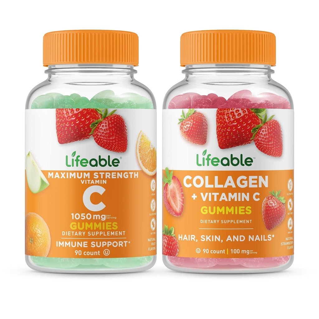 Elinkelpoinen C-vitamiini 1050 mg + Collagen & C-vitamiini, Gummies Bundle - suuri kastike, vitamiini täydentää, gluteeniton, GMO-vapaa, pureskeltava Gummy