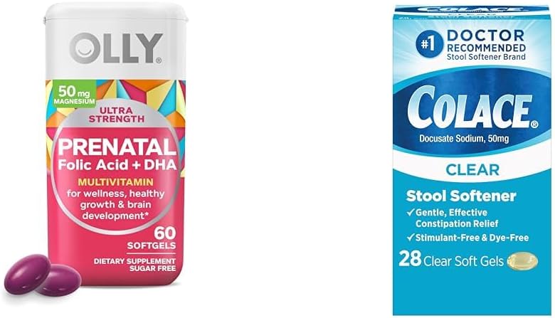 OLLY Ultra Strength Prenatal Multivitamin Softgels med Brain Development Support + Colace Clear Stool Softener Capsules, 28 Count