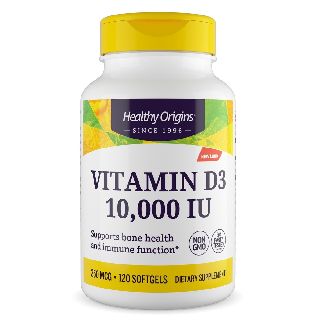 Terve alkuperä D3-vitamiini 10 000 IU (ei-GMO, korkea teho, luutuki, immuunituki, gluteeniton), 120 Softgels